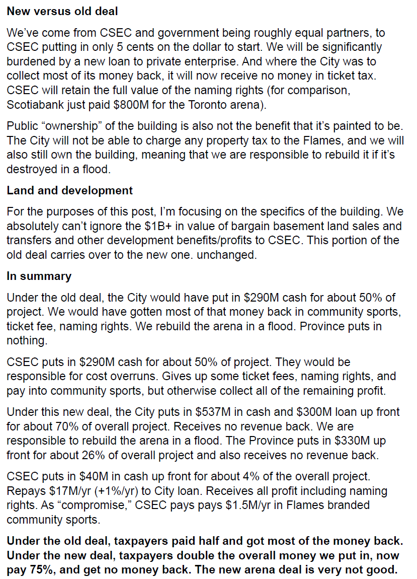 JeromyYYC's tweet photo. Under the old arena deal, taxpayers paid half and got most of the money back. Under the new deal, taxpayers double the overall money we put in, now pay 75%, and get no money back. The new arena deal is very not good. #yyccc #abpoli https://t.co/NR6SORDmJ6