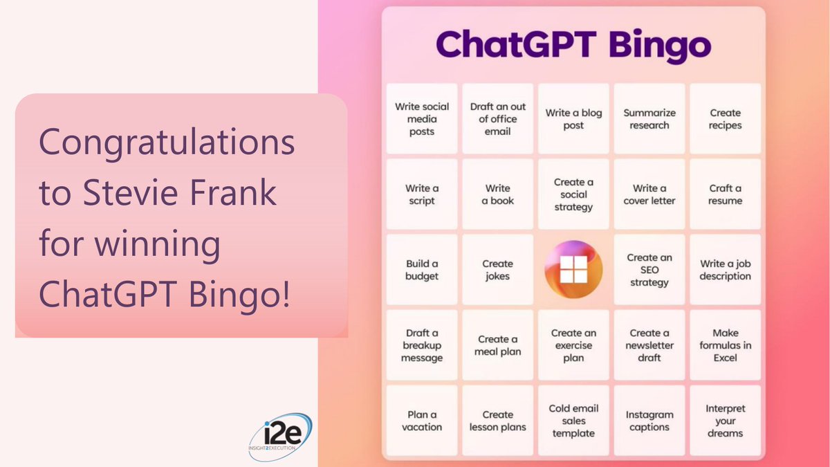 i2eEDU's tweet photo. Congrats to @steviefrank23 for winning #ChatGPT Bingo! Message us to claim your prize!
ChatGPT and other AI tools can help to simplify daily tasks. We had a great time discussing #AIinEducation during our April professional learning specialist call!
#EdTech #i2eTeam https://t.co/5NG2H0DBHy