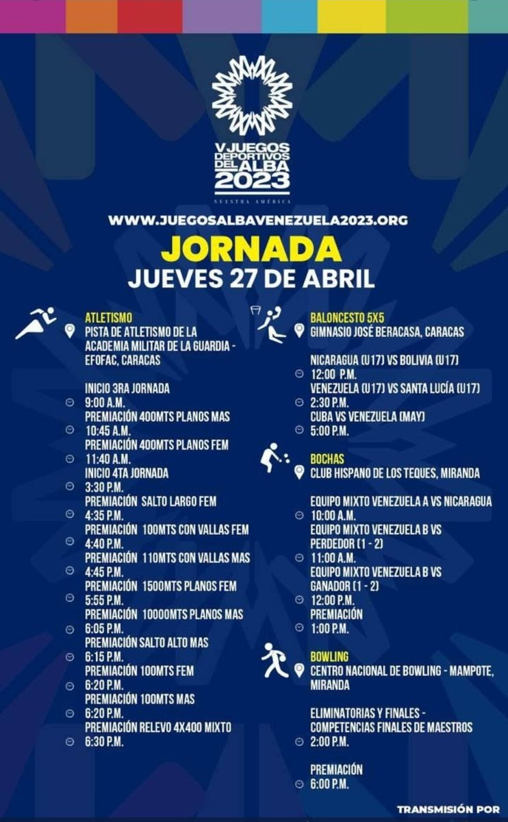 ActivaEnRED's tweet photo. Les dejo el cronograma de este #27Abr de la 5ta edición de los @juegosalba2023 

#LevantenElBloqueoYa https://t.co/5Ask0Enz5y
