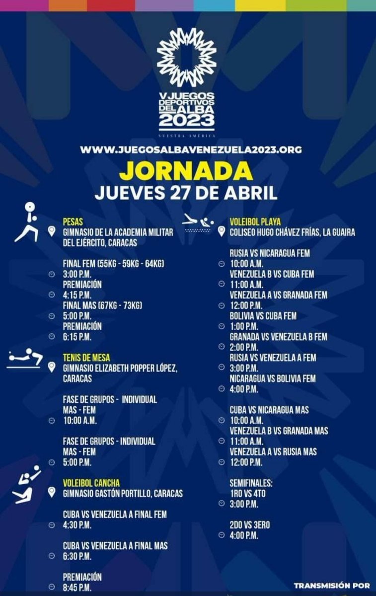 ActivaEnRED's tweet photo. Les dejo el cronograma de este #27Abr de la 5ta edición de los @juegosalba2023 

#LevantenElBloqueoYa https://t.co/5Ask0Enz5y