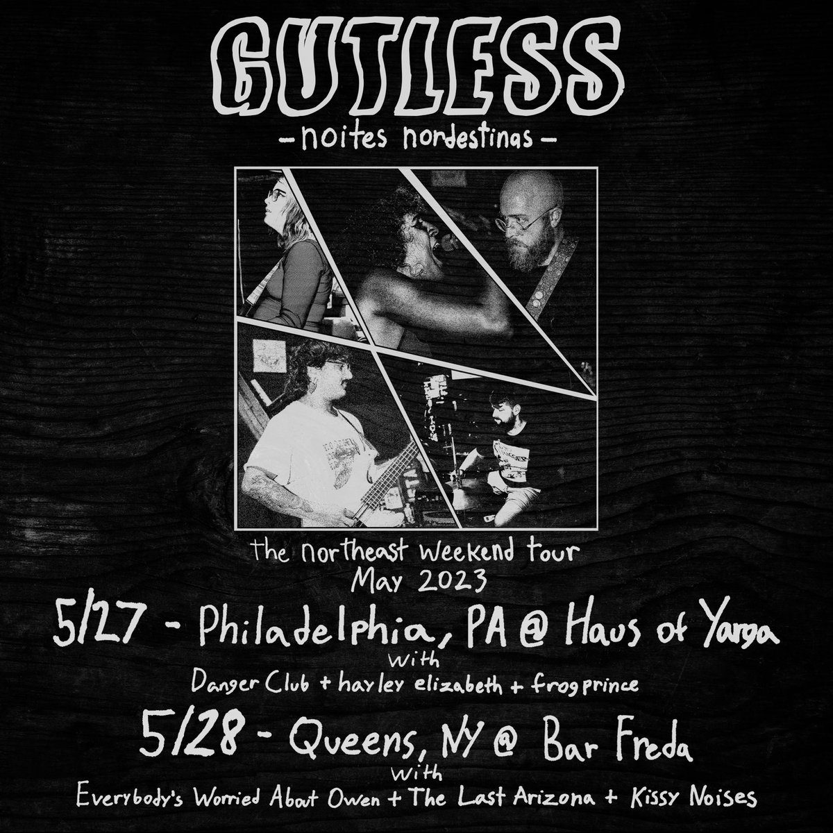 Howdy!! Next month: 5/27 and 5/28, we’re going on a little weekender to play a couple of shows in the Northeast US!

The shows are in Philly and NY! These will be our ONLY shows in the region this year, so don’t miss em!!

photos: <a href="/jaggedwirephoto/">Jag Wire</a>
design: @vivigutless