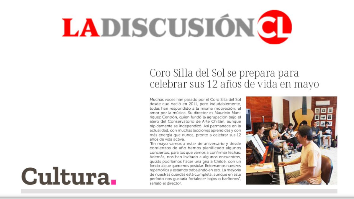 corosilladelsol's tweet photo. La página 15 del diario 📰 @ladiscusioncl se refiere hoy a nuestro @corosilladelsol, que pese a muchas dificultades, se mantiene vigente y con mucha energía, junto al director @CentronMauricio.

¡Ya vienen novedades para celebrar nuestros #12Años! https://t.co/SBJ975epNm