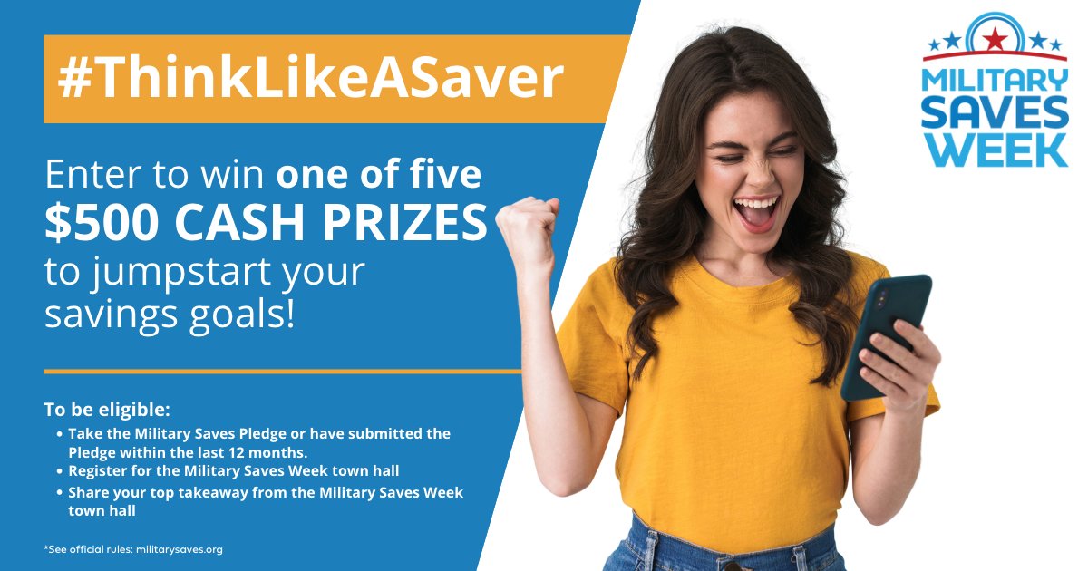 #MSW2023 Have you entered our #ThinkLikeASaver Sweepstakes?! We're giving away 5 $500 cash prizes. Learn more here: militarysaves.org/for-savers/off…