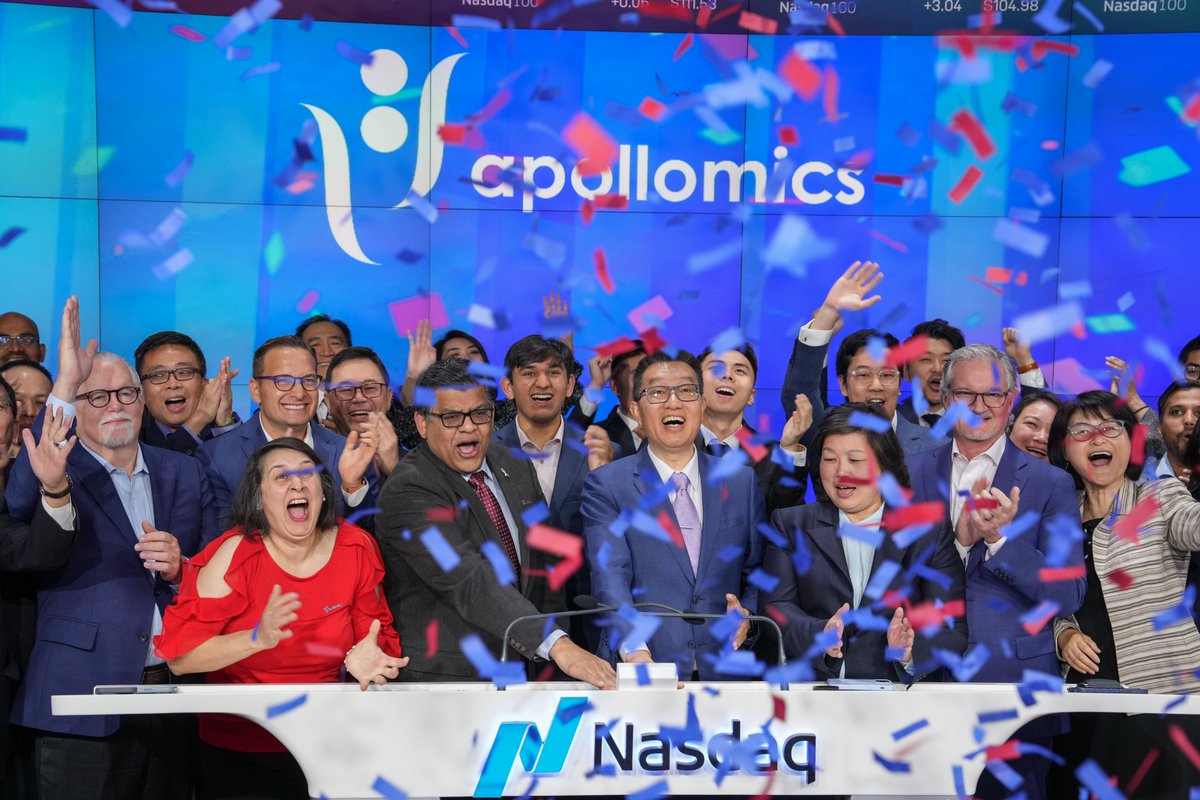 apollomics's tweet photo. What an incredible moment for #Apollomics! We officially rang the @Nasdaq bell. Thank you to our team, our shareholders and partners for helping us achieve this milestone and further our pursuit to develop innovative cancer treatments. $APLM #NasdaqListed https://t.co/Kup9SqsQMr