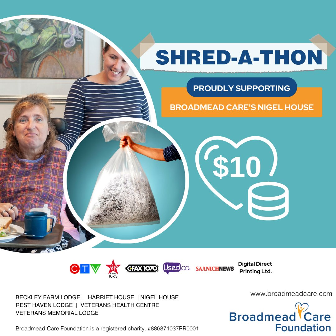Broadmead Care's Shred-a-Thon is happening THIS SATURDAY! The suggested contribution is just $10 / box. Funds raised will support the people who live at Nigel House! 💙 Learn more at broadmeadcare.com/shred-a-thon