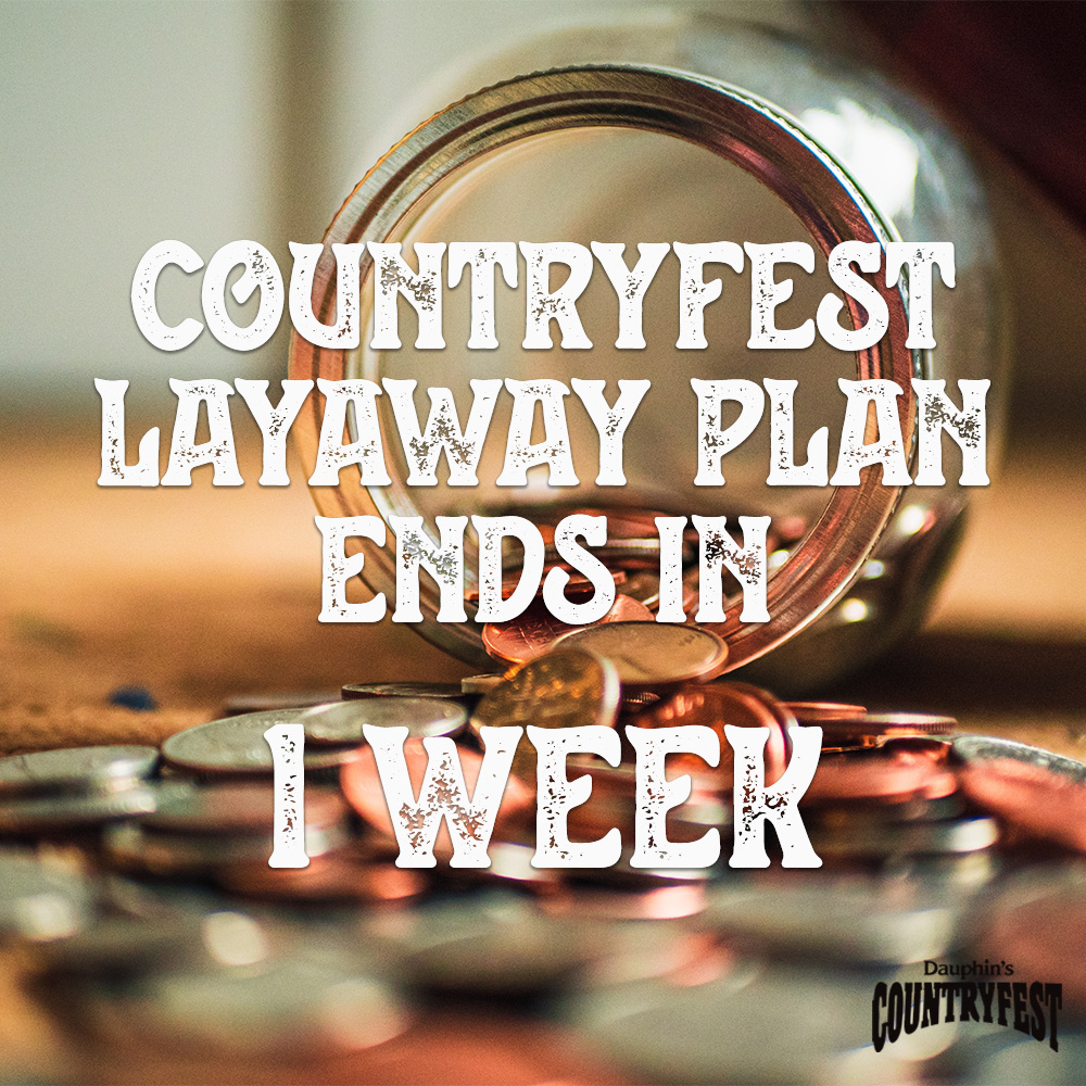 dauphincfest's tweet image. Can't afford to pay for your #DauphinsCountryfest tickets all at once? No problem! 
We offer a layaway plan that allows you to pay for your tickets in installments BUT this Layaway Plan ends in 1 WEEK so get your #CFEST23 tickets today and use the Layaway Plan! 💰