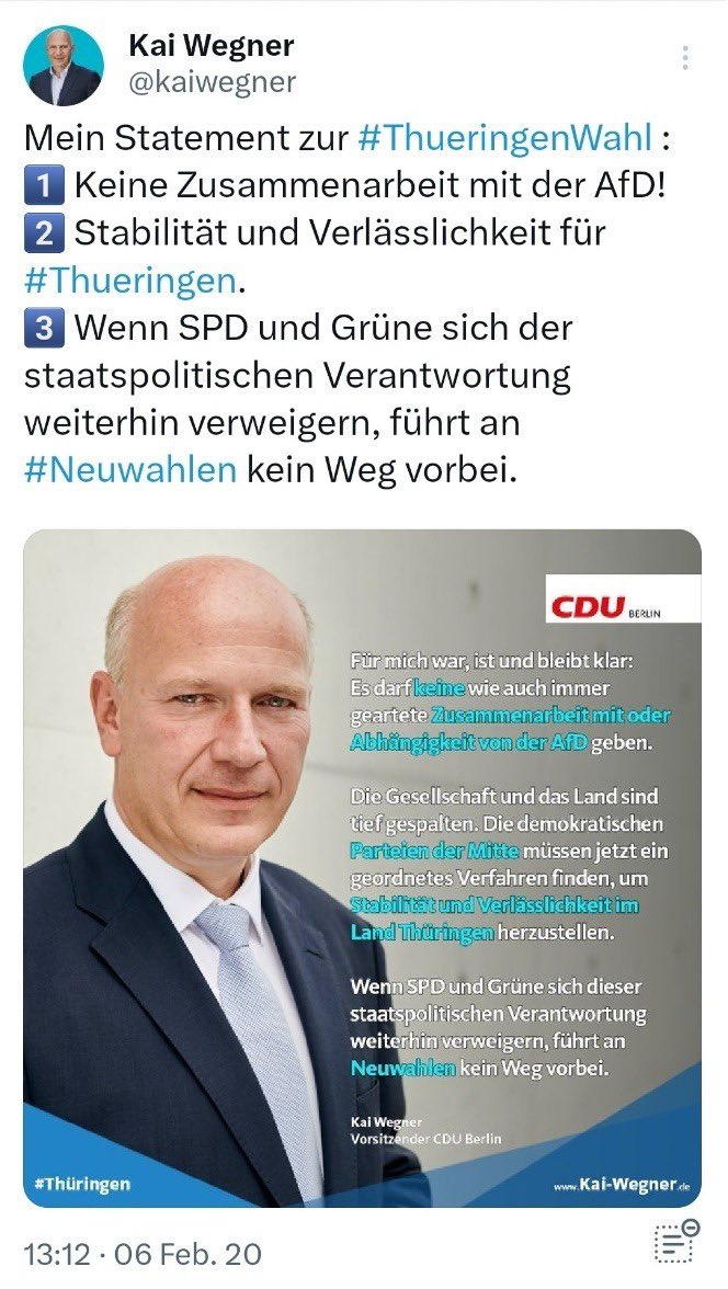 Heute Nachmittag wurde mit Hilfe der #noAFD und #SPD ein rassistischer Politiker der #noCDU im #AGH #Berlin zum Bürgermeister gewählt. 🤬

Damals zum Thema👇#dammbruch in #Thueringen … was bedeutet das für die @spdberlin ?