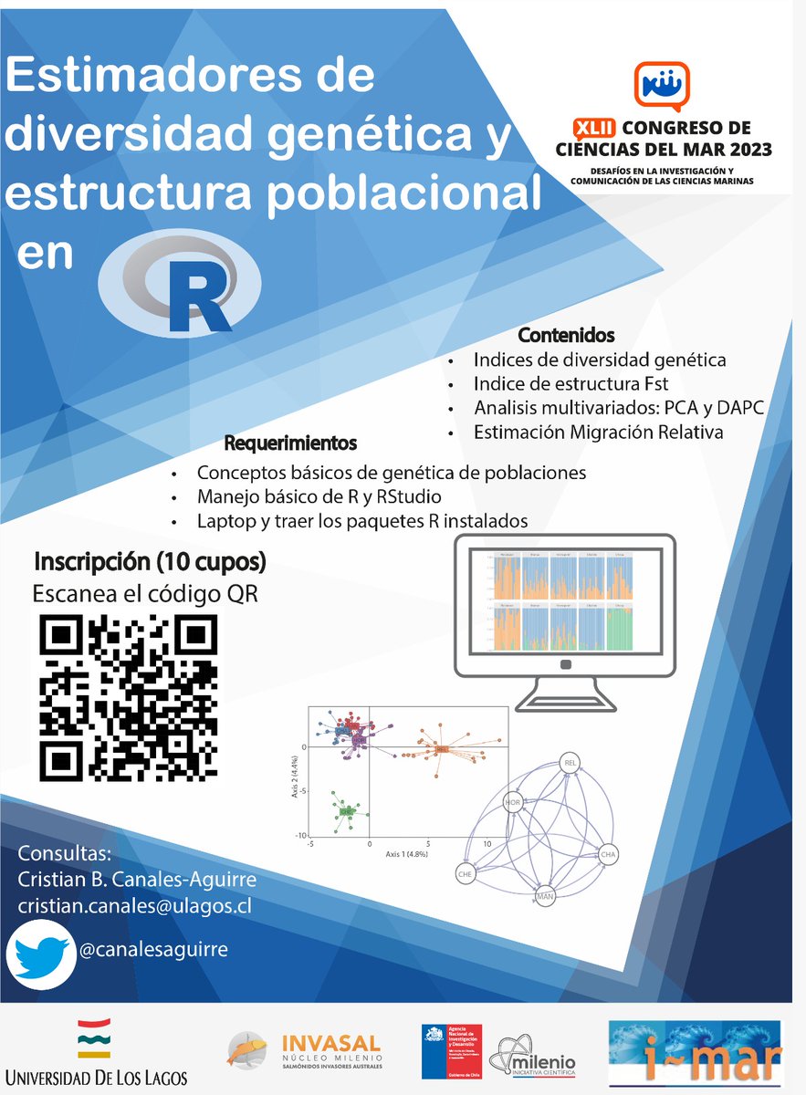 XLIII Congreso de Ciencias del Mar 2024 (@congresocsmar) on Twitter photo CURSO - ESTIMADORES DE DIVERSIDAD GENÉTICA Y ESTRUCTURA POBLACIONAL EN R.
RELATOR: Dr. Cristian Canales Aguirre (<a href="/ULagosOficial/">Universidad de Los Lagos</a>)
CUÁNDO: Lunes 22 de Mayo, 15:00- 17:00 h
DÓNDE: Universidad de Los Lagos, Campus Chinquihue, Puerto Montt
<a href="/invasalCL/">INVASAL</a>
<a href="/marcentro/">Centro i-mar</a>
<a href="/schcmar/">Sociedad Chilena Ciencias del Mar</a> CURSO - ESTIMADORES DE DIVERSIDAD GENÉTICA Y ESTRUCTURA POBLACIONAL EN R.
RELATOR: Dr. Cristian Canales Aguirre (<a href="/ULagosOficial/">Universidad de Los Lagos</a>)
CUÁNDO: Lunes 22 de Mayo, 15:00- 17:00 h
DÓNDE: Universidad de Los Lagos, Campus Chinquihue, Puerto Montt
<a href="/invasalCL/">INVASAL</a>
<a href="/marcentro/">Centro i-mar</a>
<a href="/schcmar/">Sociedad Chilena Ciencias del Mar</a>