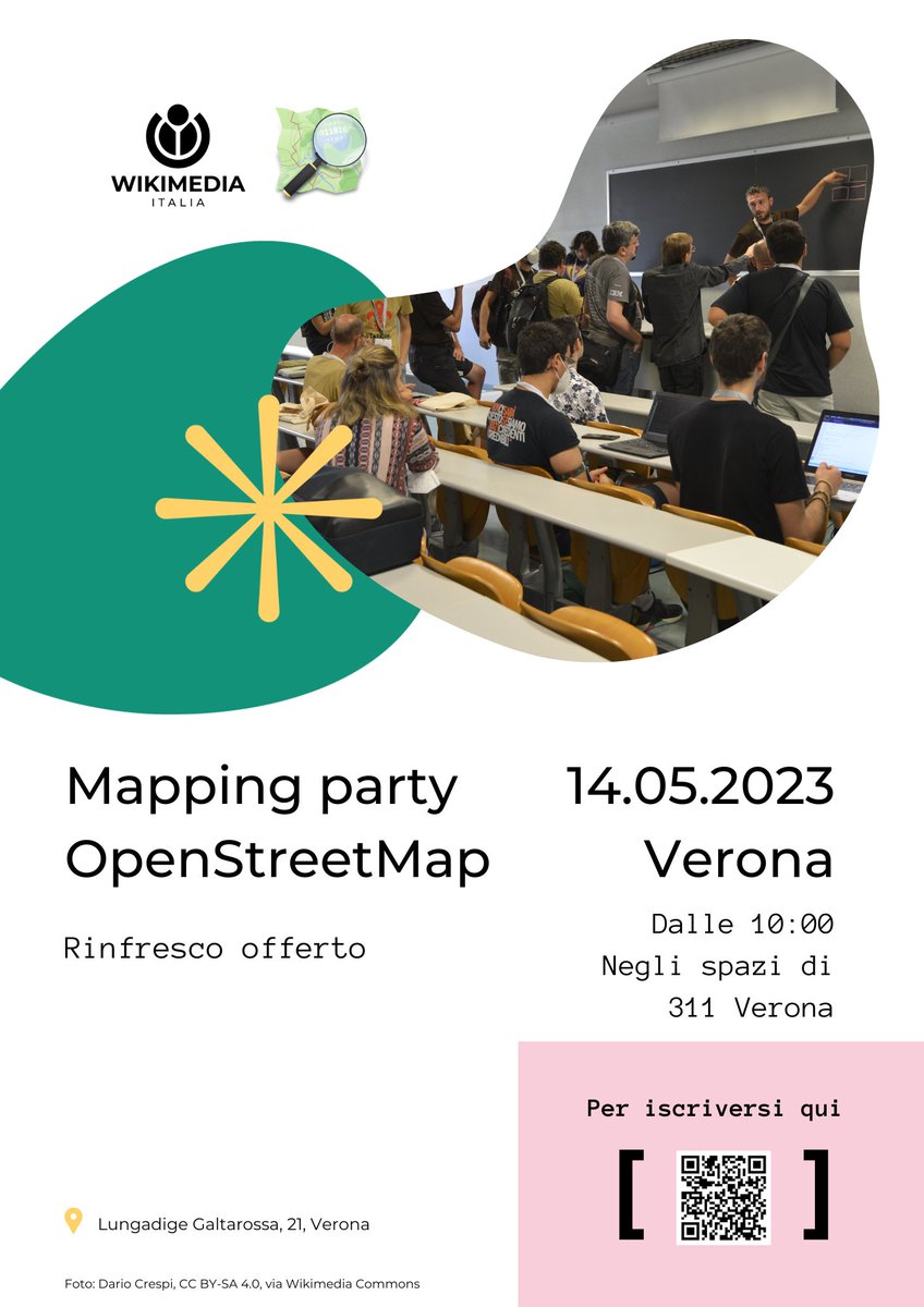 Domenica 14 maggio dalle 10:00, (dopo <a href="/Merge_IT/">MERGE-it</a>) ci troviamo al <a href="/311verona/">311 Verona</a> per un mapping party #OpenStreetMap! 🎉🎉 

Condivideremo conoscenze e pizza 😁🍕🎉

@WikimediaItalia <a href="/OpenStreetMapIt/">OpenStreetMap Italia</a>
 <a href="/cOSMopolIT_it/">cOSMopolIT</a> 

⚠️wiki.openstreetmap.org/wiki/Italy/Eve…