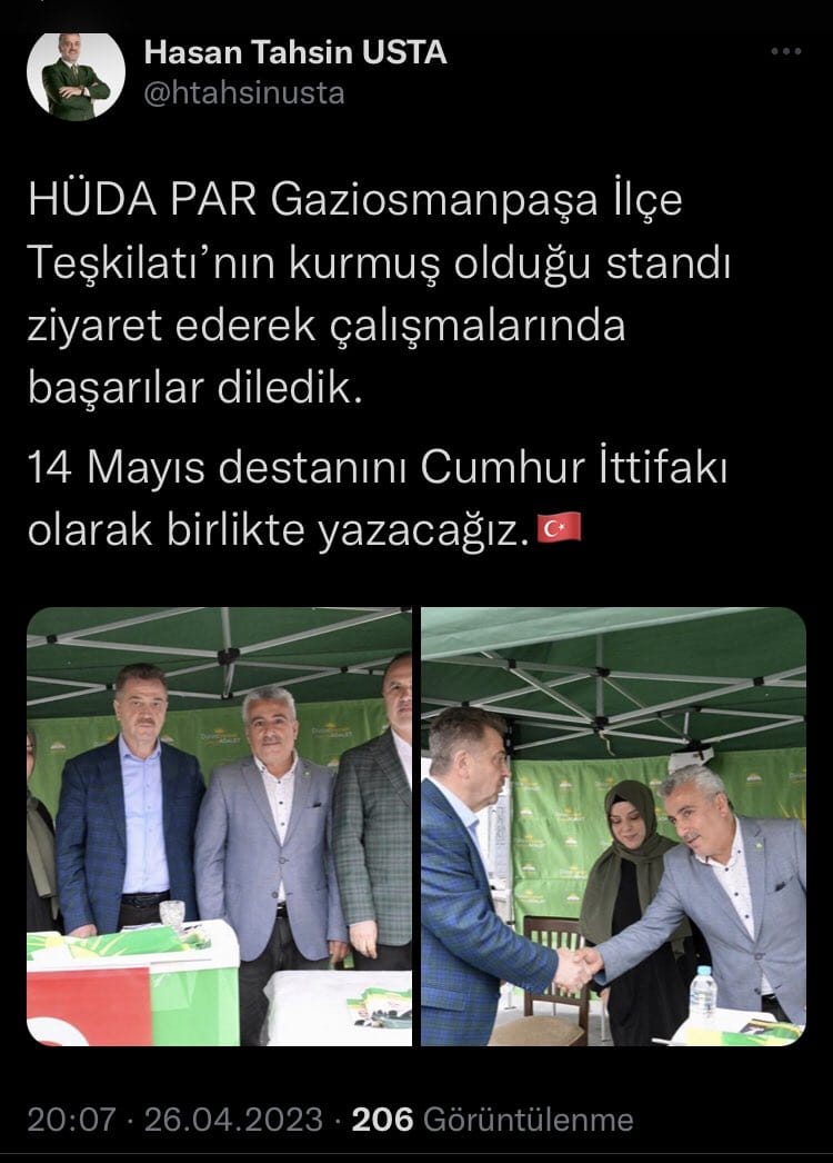 Ak Partili Hasan Tahsin Cumhur İttifakı'nın bileşenlerinden Hüda Par standı ziyaretini önce paylaşıp, sonra sildi. Destan yazarken, birden paylaşımı silince merak ettik, pozları mı beğenmedin yoksa ittifak görüntüsünü mü ?