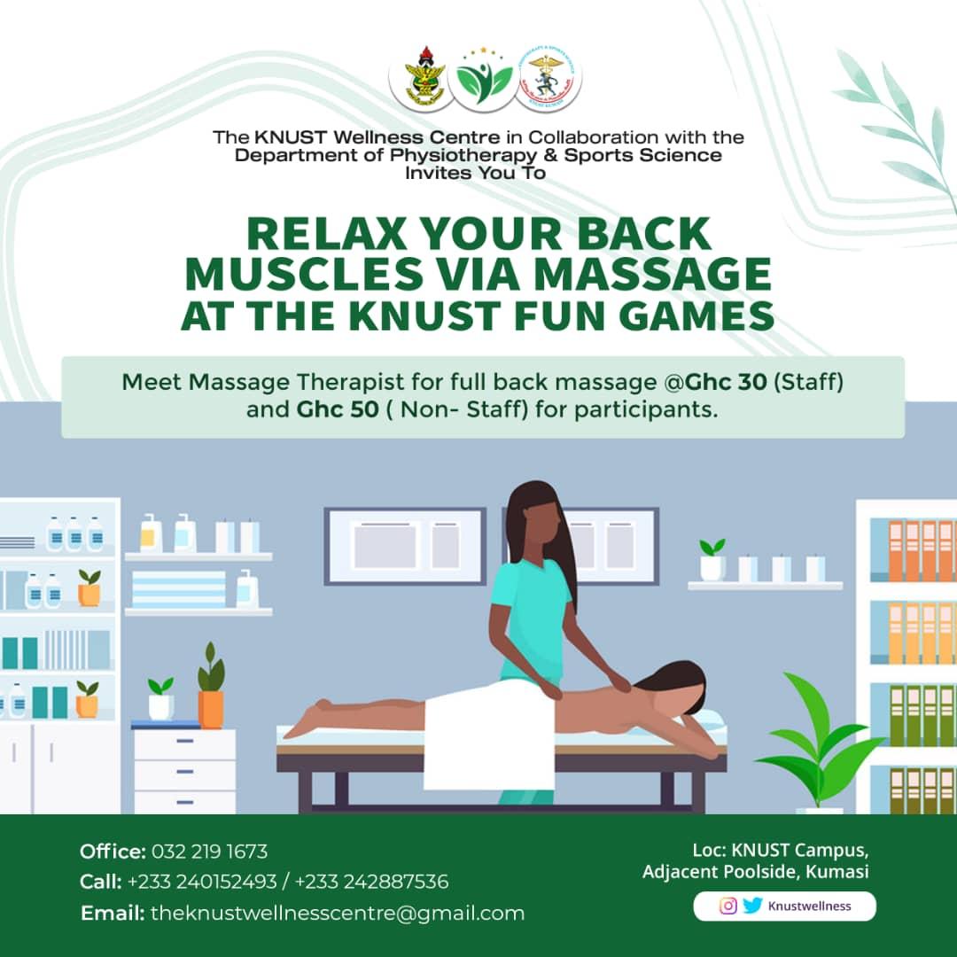 passsaknust's tweet photo. The @knustwellness with the
Department of Physiotherapy &amp; Sports Science invites you to Relax your back muscles via massage at a fee during the @KNUSTGH via fun games https://t.co/8GkkQGSoJ6