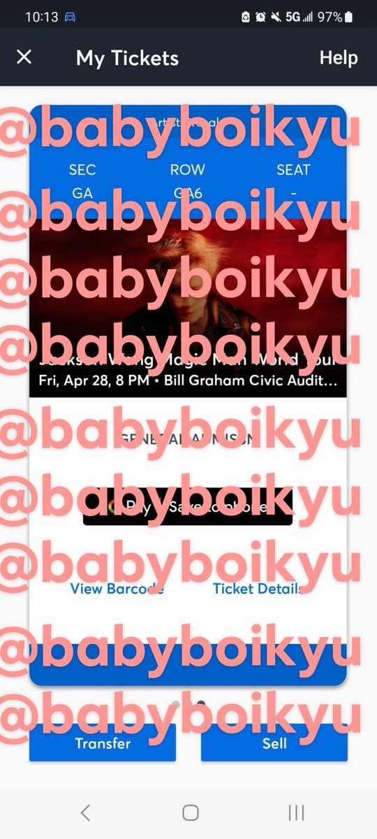 babyboikyu's tweet photo. WTS Jackson Wang SF 

GA ticket for $150 but negotiable. Please DM of interested, payment through Zelle or PayPal

#JacksonWangWorldTour #JacksonWanginSF https://t.co/0E2vgXQmPn