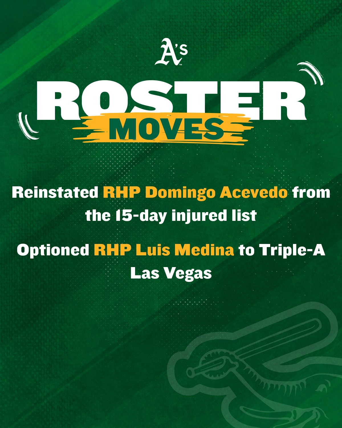 Green graphic with gold and white text that reads the A’s reinstated RHP Domingo Acevedo from the 15-day injured list and optioned RHP Luis Medina to Triple-A Las Vegas.