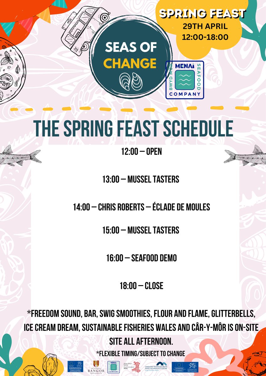 The Spring Feast Day schedule is here!

> Many exciting Welsh vendors will be there- pizza, smoothies, seaweed products and ice cream.
> Pop-up by Sustainable Fisheries Wales /SOC Bangor
> Glitterbells- eco-friendly glitter tattoo stall for children...and adults.