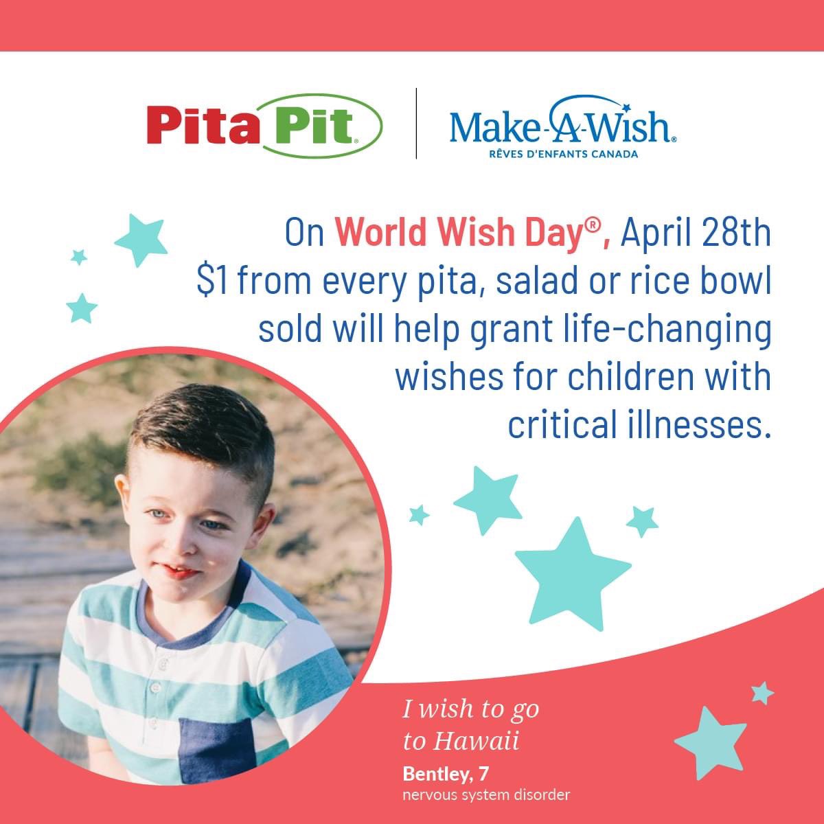 Tomorrow we will be celebrating World Wish Day, participating locations will be donating $1 from every pita, salad or rice bowl sold to Make-A-Wish Canada. ✨

Come a see us, grab a healthy lunch, and help support a meaningful and important cause tomorrow.