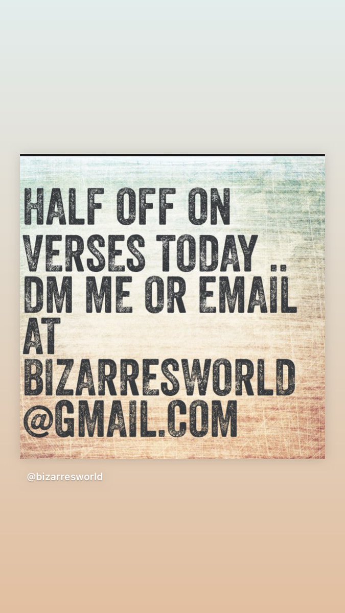 Let’s work half off today on verse bizarresworld@gmail.com