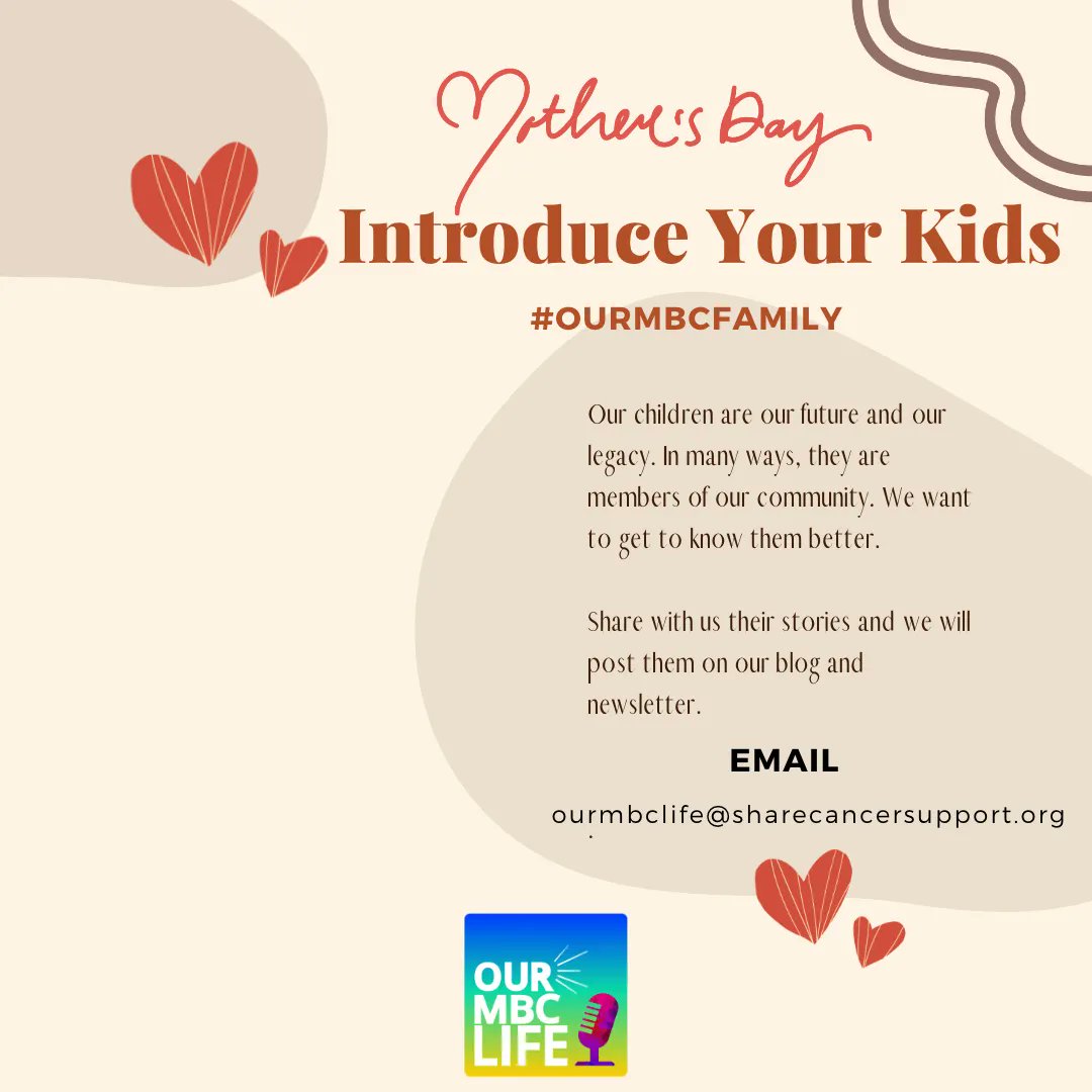ourmbclife's tweet photo. With the Motherโs Day approaching. tell us about your chldren. Send us an email or leave a voice memo here https://t.co/IvzPXuVI0k . We want to get to know our listeners and our community.
What will your story be? #ourmbcfamily #stories #ourmbclife #sharecancersupport #bcsm https://t.co/u5o3vtlnvw