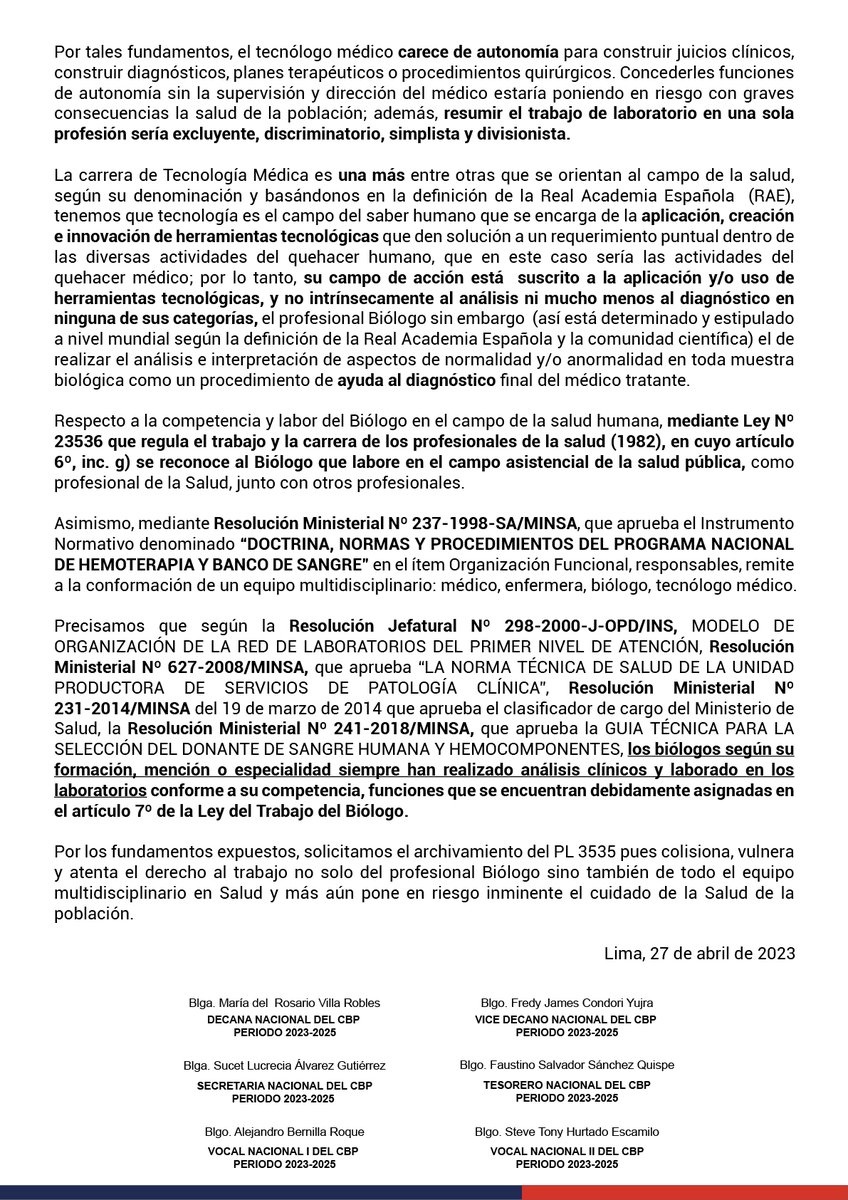 Cbiologosperu's tweet photo. 📣 Compartimos el Pronunciamiento en Rechazo al PL 3535 que vulnera las competencias del Profesional Biólogo en Salud. https://t.co/44wKJbK3tC