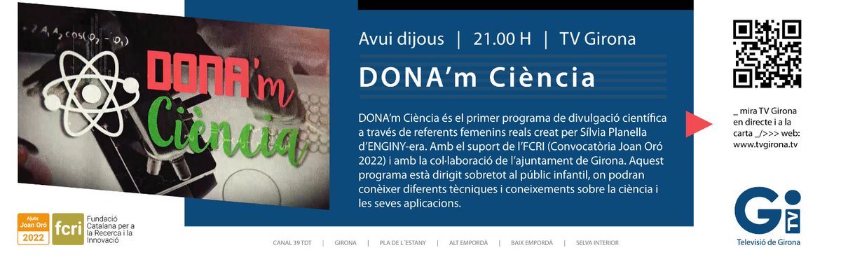 enginy_era's tweet photo. Avui a ENGINY-era estrenem "DONA'm Ciència", el programa de televisió de divulgació de la ciència a través de referents femenins! 👩🏼‍🔬👩🏽‍💻👷🏽‍♀👩🏿‍🏫

- dijous 21h
- divendres 13h 
- dissabtes 16 h

A: 📺@tvgirona, 💻 https://t.co/Iw4xBL8QZJ i https://t.co/g5znnAKkg8 (apartat TV Directe) https://t.co/YDcaKb1AZl
