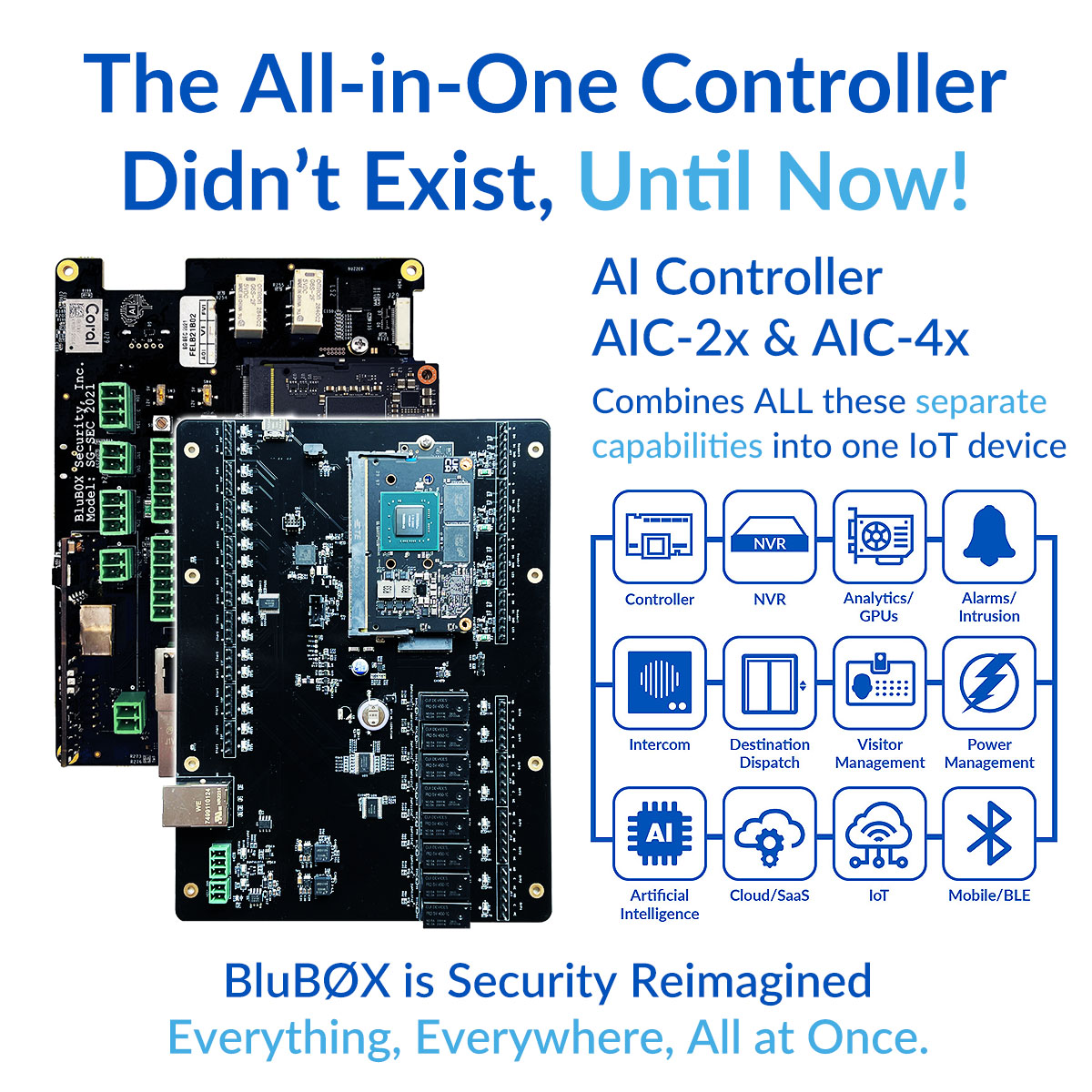 BluB0XSecurity's tweet photo. Attention security pros! BluB0X Security's AI Controllers AIC-2x &amp; AIC-4x are here. Consolidate access control, video, video analytics, elevator, and intercom in a single IoT device. Upgrade your security infrastructure today. Learn more at https://t.co/uSpzhAbHLZ #AIController https://t.co/JUu8rHNTXM