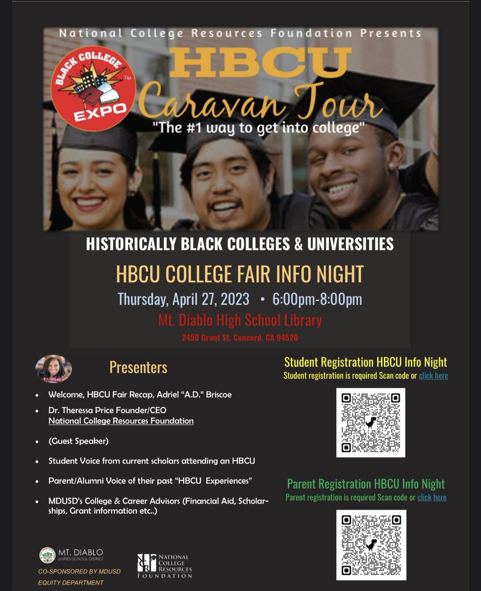 PatriciaHamachi's tweet photo. HBCU Caravan Tour tonight from 6-8 PM @ Mt.Diablo High Library https://t.co/5YFDB3YmuH