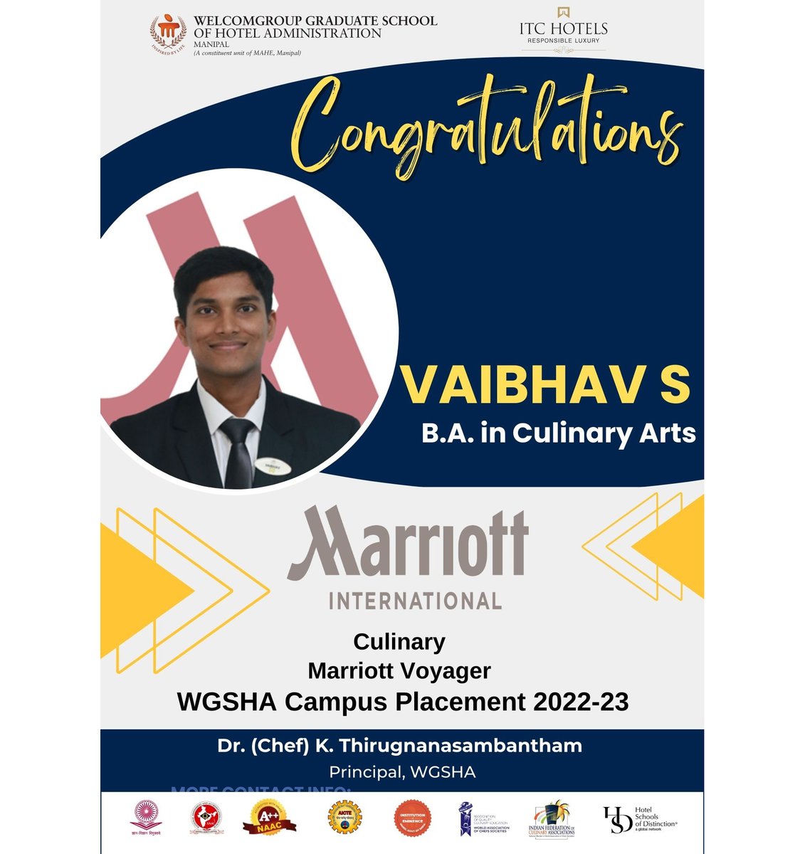 WManipal's tweet photo. #placement
Congratulations Mr. Vaibhav S on his successful placement in WGSHA Placement Drive2023 for #Culinary at #marriottvoyager2023
@ThiruChef @MAHE_Manipal @ITCHotels @ITCCorpCom
#StudentsofWGSHA #hospitalityindustry #marriottinternational #MAHE #manipal https://t.co/qAGpsMZgdK