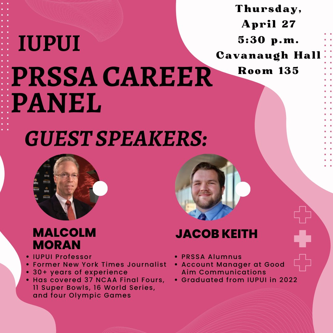 Our guest speakers have been revealed! Joining us this afternoon will be IUPUI Professor Malcolm Moran, and Jacob Keith from Good Aim Communications! 

Join us at 5:30, in Cavanaugh Hall room 135 for our career panel! Please bring your resumes, and cover letters for revision!
