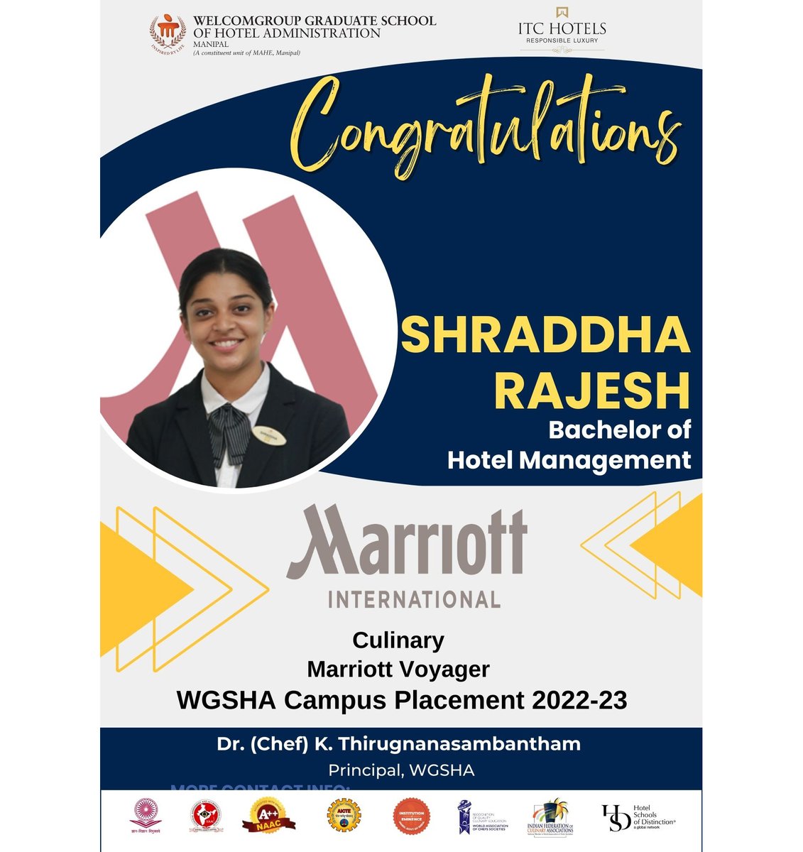 WManipal's tweet photo. #placement Congratulations Ms. Shraddha Rajesh on her successful placement in WGSHA Placement Drive2023 for #Culinary at #marriottvoyager2023
@ThiruChef @MAHE_Manipal @ITCHotels @ITCCorpCom
#StudentsofWGSHA #hospitalityindustry #marriottinternational #MAHE #manipal https://t.co/WqkGjcjyA5