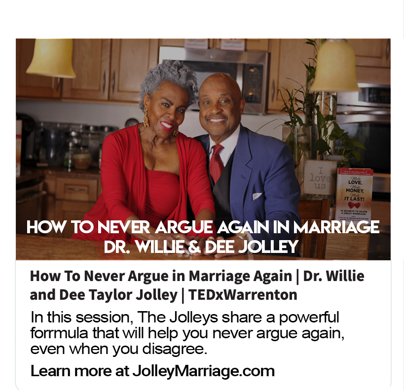 JenningsWire's tweet photo. SPECIAL SHARING: Watch the fun &amp; talented Dr. Willie and Dee Jolley who talk about how to never argue in your marriage again. What's their secret? They know and tell in their TEDx Talk right here. They have NOT argued in 35 years. Enjoy, Annie!

https://t.co/VilArkZ3DM https://t.co/x1guZQIY4t