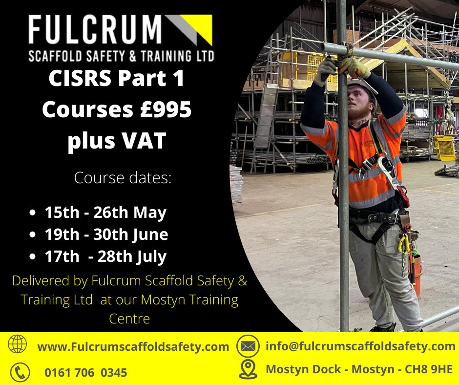 Fulcrum Scaff Safety (@fulcrum_safety) on Twitter photo CISRS Part 1 course dates. Limited places available on the May course.
To book contact us on
0161 706 0345
Info@fulcrumscaffoldsafety.com
fulcrumscaffoldsafety.com
#construction #scaffolding #training CISRS Part 1 course dates. Limited places available on the May course.
To book contact us on
0161 706 0345
Info@fulcrumscaffoldsafety.com
fulcrumscaffoldsafety.com
#construction #scaffolding #training