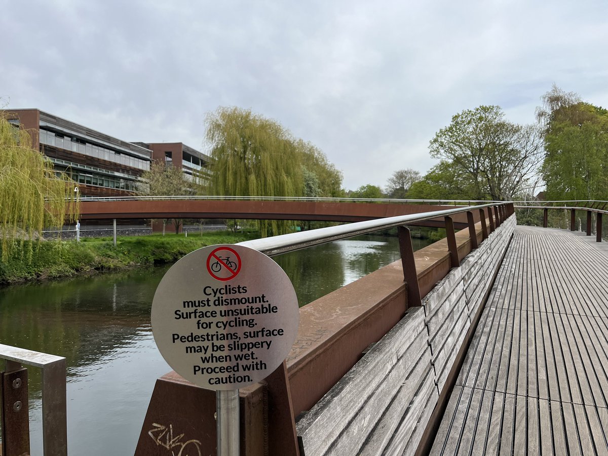 Lovely looking corten bridge. Decent gradient. Nice materials. Not suitable for cycles. Or pedestrians.