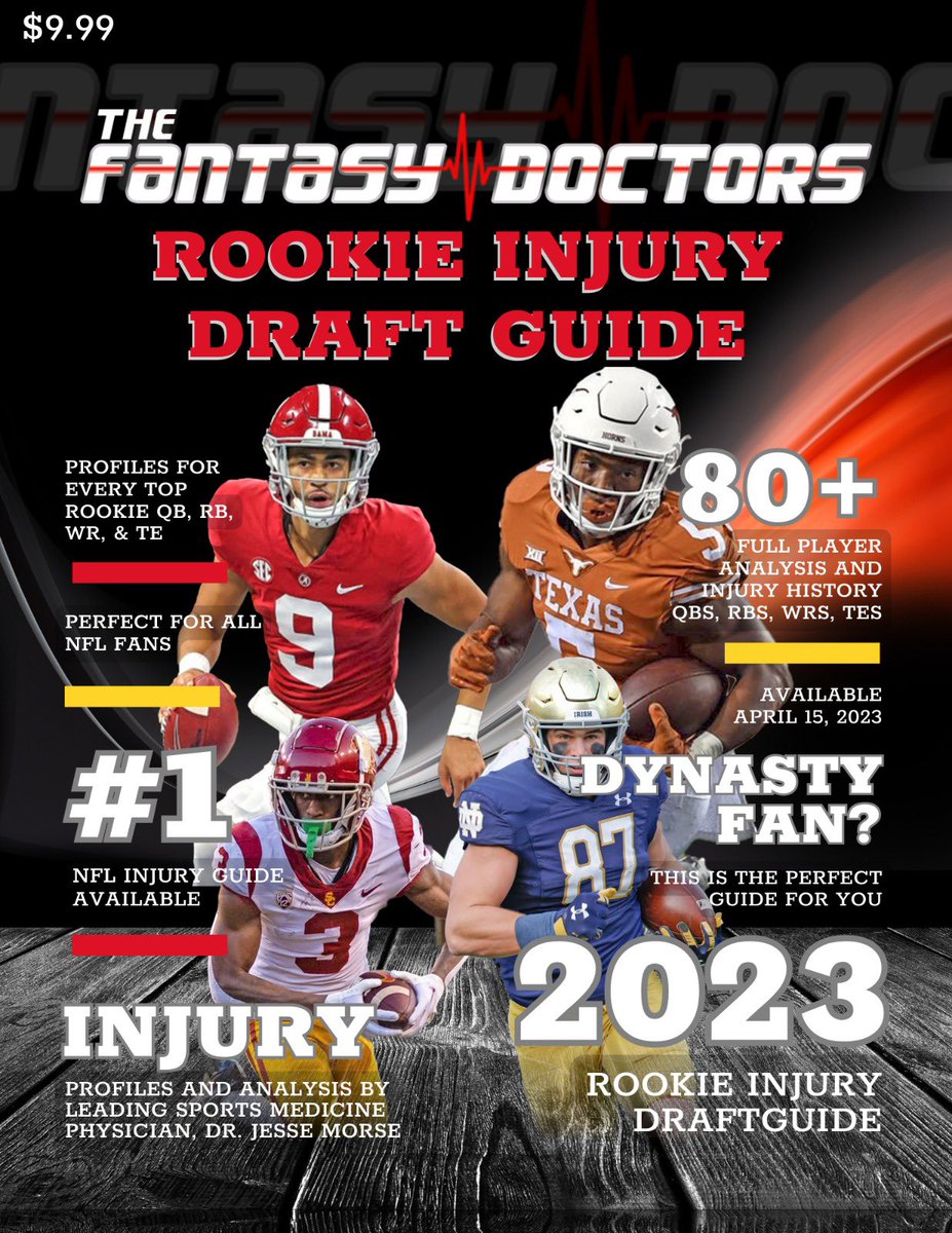 DrJesseMorse's tweet photo. 🚨 @TheFantasyDRS will be GIVING AWAY 3 copies of the Rookie Injury Draftguide tonight! 

Answer these 3 questions: 

1. Where does Anthony Richardson land? (Bonus: which pick)

2. Which team drafts Jordan Addison? 

3. Which team drafts Bijan Robinson & which pick? 

Winners should guess all 3 questions correctly. Tiebreakers: earliest submitted responses & guessing which pick the players were drafted. 

Please RT. 

Now go!