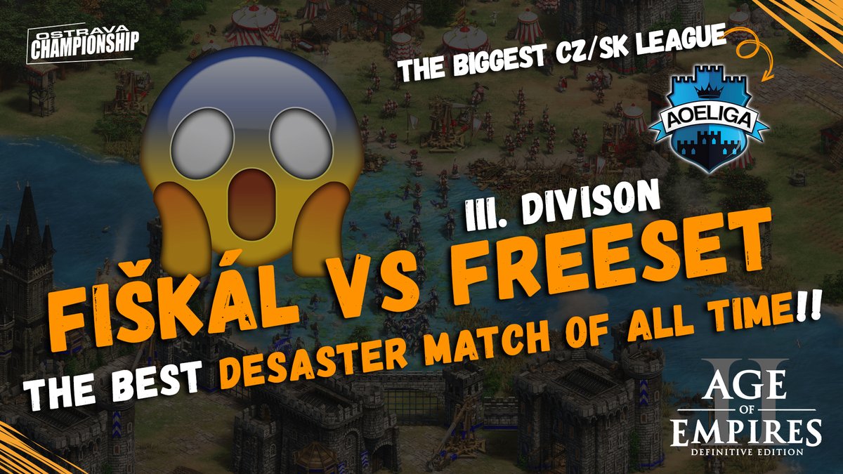 Ovachamp's tweet photo. Další parádní záznam z duelu Fiškál vs Freeset! Tak tohle jste určitě ještě neviděli! Desaster v přímém přenosu, především pak 3. mapa, ale stojí za to shlédnout celý zápas.

#Aoeliga #AoeIILiga https://t.co/hIGb8kQDyl