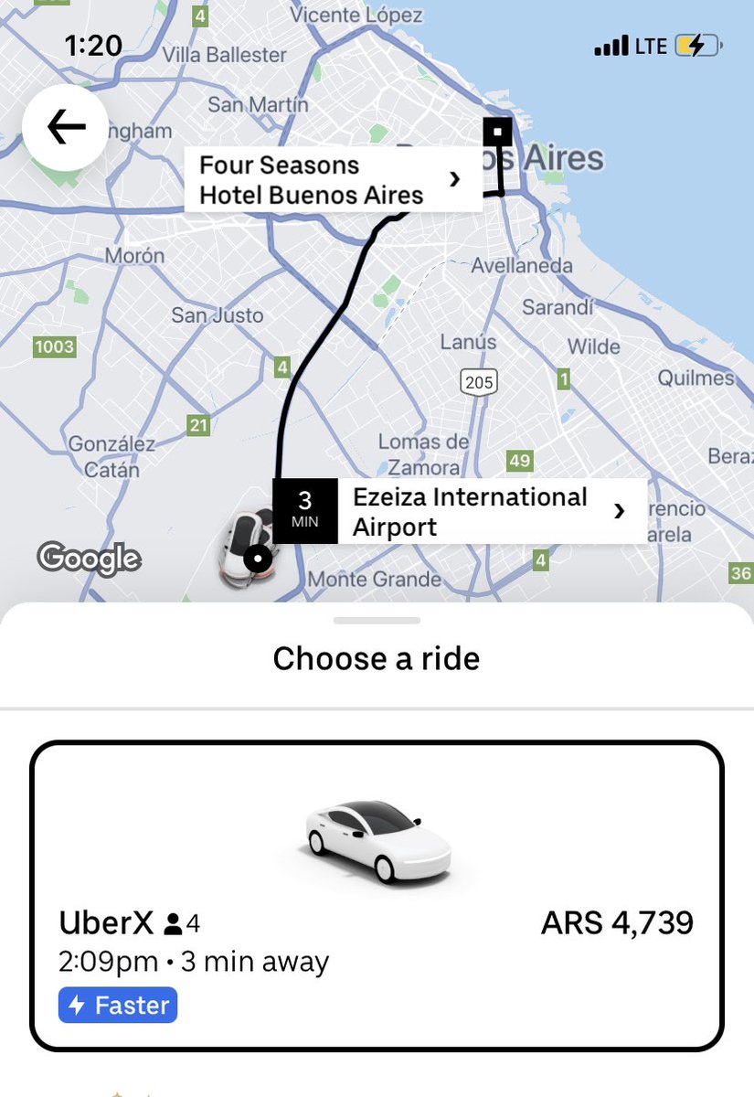 A 44 minute, 21 mile Uber ride from the international airport of Buenos Aires to the Four Seasons on Posadas Street just broke the USD $10, one-way fare rate at the current 474 peso parallel FX rate…vs USD $84 for a 17 mile, 58 minute Uber ride from JFK to the Four Seasons on