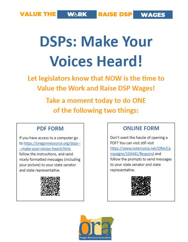 OrResourceAssoc's tweet photo. ORA is continuing advocacy to #valuethework and #raiseDSPwages with our new DSP campaign! If you're a DSP, make your voice heard via https://t.co/brp5KsNJeE or with a photo at https://t.co/gkWJ5geLk9 https://t.co/SSwZfPaG73