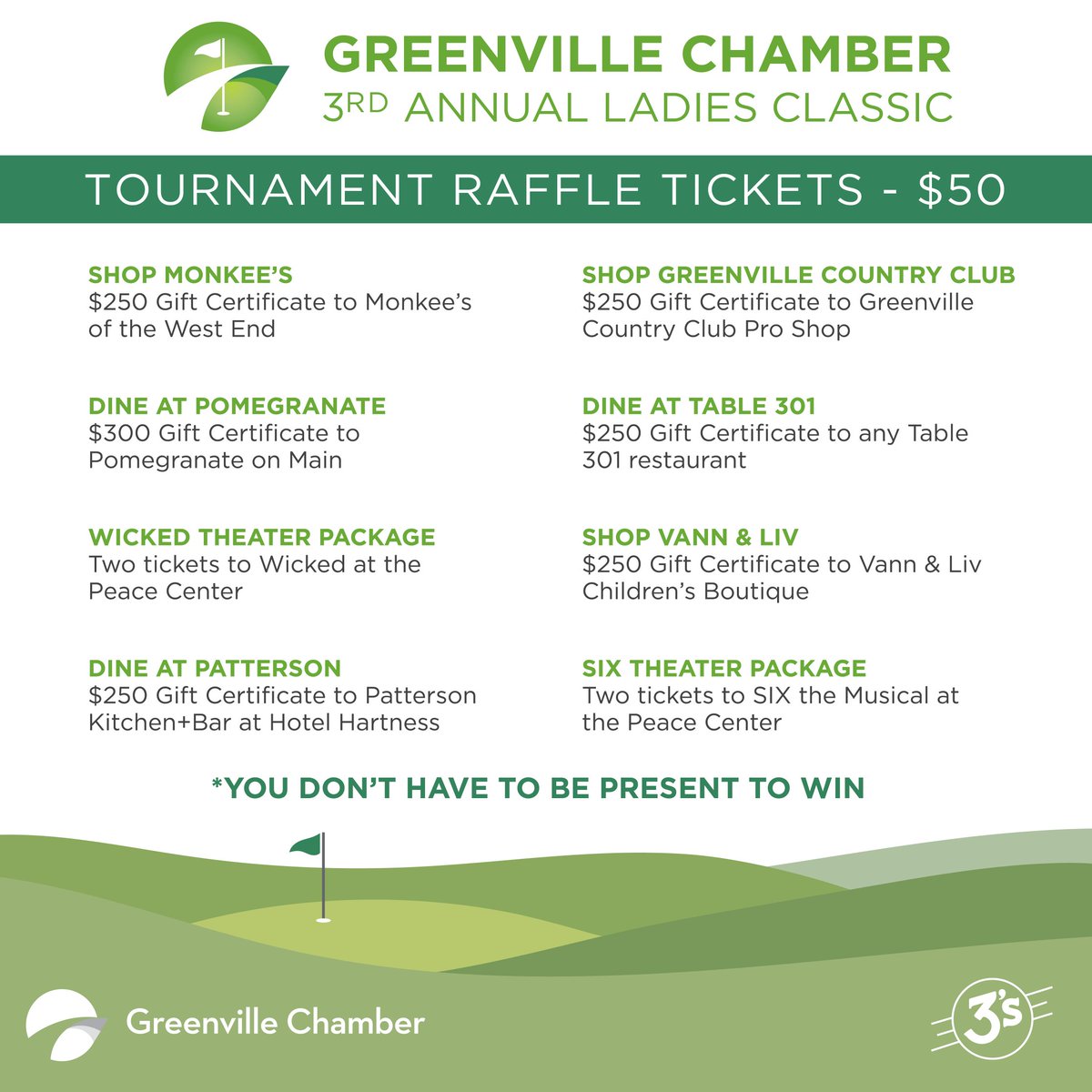 AmandaTaylorSC's tweet photo. Don't miss your chance to win! Support the @GvilleChamber by purchasing your raffle tix for the Ladies Classic Golf Tournament here! Enter for a chance to win one of these great packages. Attendance not required to win.
https://t.co/BxfL8IqDBO https://t.co/owH69BrggE