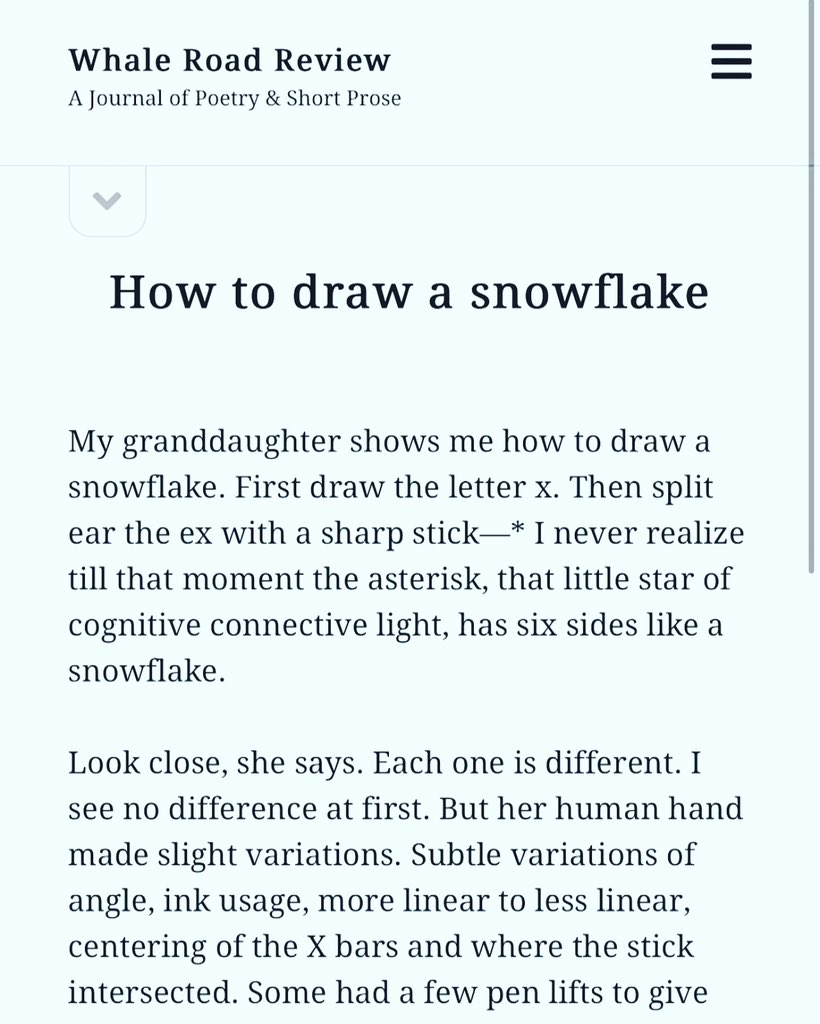 7AlanNelson's tweet image. “How to Draw a Snowflake” by J. Alan Nelson in the Whale Road Review. #acousticsmack #atomschatting #fracturedmultiverse #gravitytolight #wordswordswords #words whaleroadreview.com/nelson/