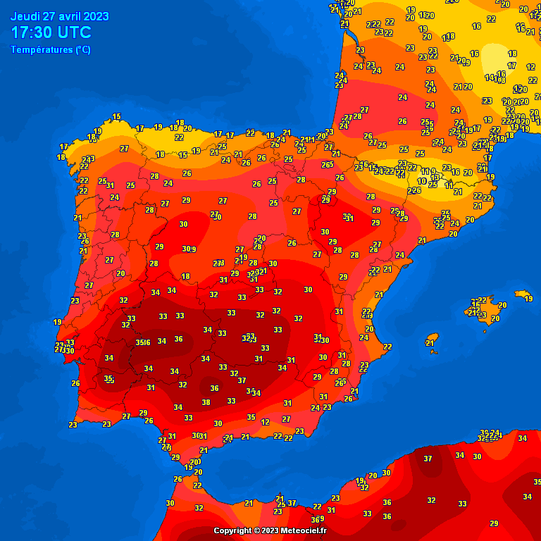 Historic day with dozens records broken up to 5C margin
3 stations above 36C in Portugal (Castro Verde, Alcacer do Sal,Alvalade). 31C at Banca,in France.
SPAIN: 11 stations >37C 
Cordoba 38.7
Ecija 37.8
Seville 37.1
Granada 36.6
Badajoz 36.1
Albacete 32.8
Toledo 34.4
tbc