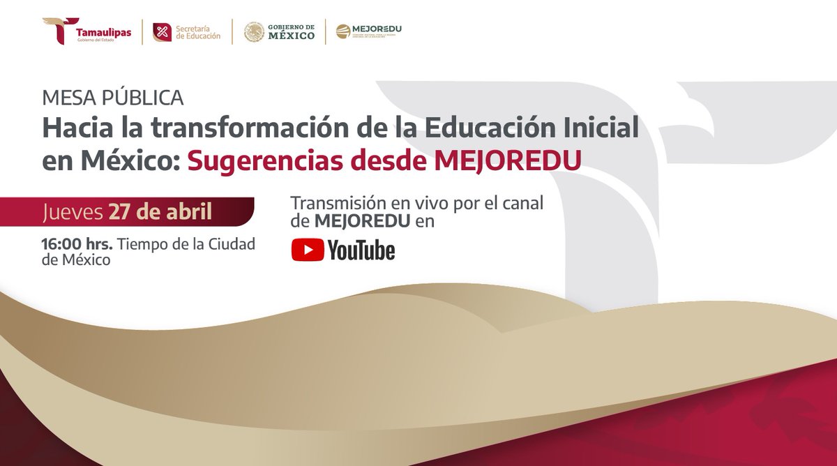 📌Atenta invitación 👇
Mesa pública "Hacia la transformación de la educación inicial en México: Sugerencias desde Mejoredu".
¡Conéctate desde las 16:00 horas!
✍️Más información:
tamaulipas.gob.mx/educacion/conv… 

#TransformandoTamaulipas #TransformandoLaEducación