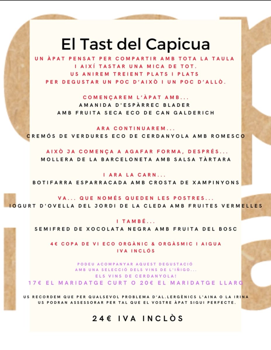cuinetescapicua's tweet photo. Heu vist el #TastdelCapicua i els #DegustacionsdelCapicua q farem aquest #CapdeSetmana?
#DijousNit, #DivendresNit, #DissabteMigdia i #DissabteNit!
#Degustar #Compartir #Degustació #SlowFood #Km0 #Eco 935809635
I per emportar o a casa vostra amb @rapidicalent? TAMBÉ!!! https://t.co/p69zGCJhO7
