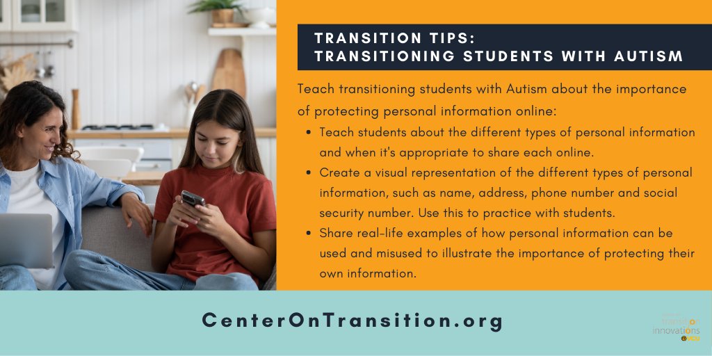 VCU_CTI's tweet image. This week&apos;s #TransitionTip is based on the latest resource we shared 😉.

As an educator, transition professional, or parent, it&apos;s important to teach your transitioning students with Autism about the importance of protecting personal information online.