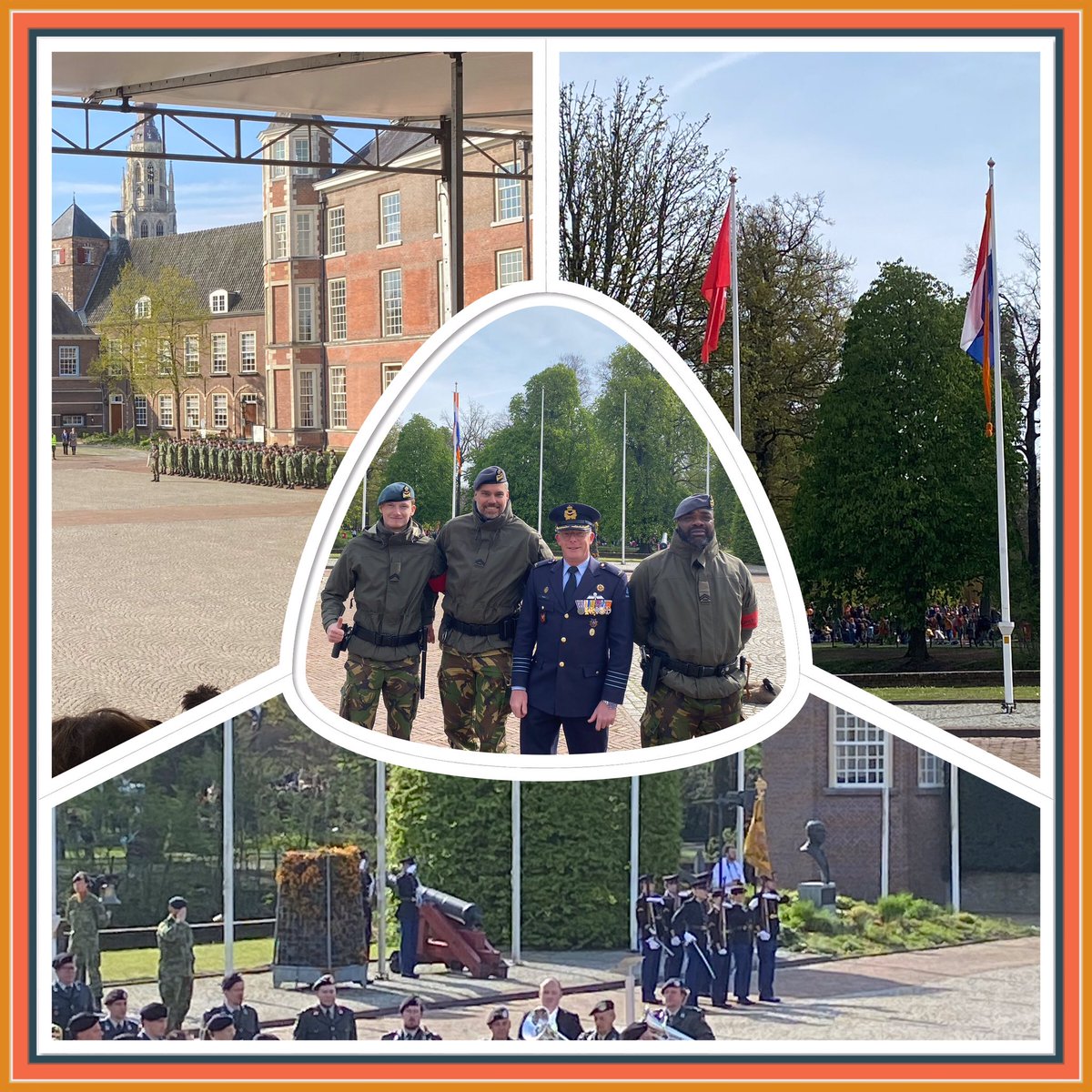 Ray15Kramer's tweet image. #Koningsdag2023 in #Breda start traditioneel met de #Buitengewonevlaggenparade op het Kasteel van Breda #KMA. Commandant @NLDA_DOSCO en @PaulDepla nemen appèl af bij cadetten in bijzijn van genodigden en publiek. Super om oude vrienden van @GLR_KLu ook hier weer te zien #trots