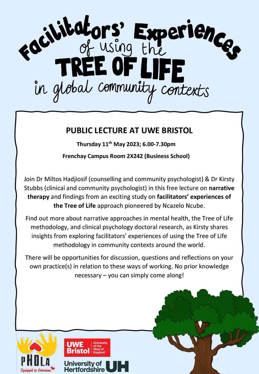 #Bristol folk, 
A chance to pop in, hear about my doctoral research & speak about all things #NarrativeTherapy and #TreeOfLife 🌳

@Ncazelo1 @Phola_org 
Don't miss, too, the opportunity to join training with Ncazelo - Founder of the methodology: courses.uwe.ac.uk/Z51000181/intr…