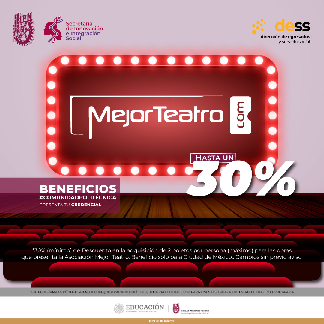 SIIS_IPN's tweet photo. 📣¡Llamando a todos los miembros de la #ComunidadPolitécnica! 🙋‍♀️🙋‍♂️

Si les encantan las obras de teatro, querrán aprovechar el #ProgramaDeBeneficios. 🎭 https://t.co/8grE2a4c9n
