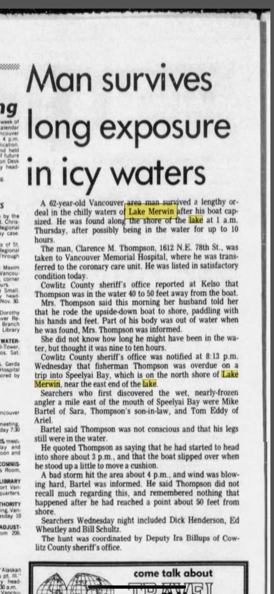 HijackerDBCoop's tweet photo. A man was floating unconscious in #LakeMerwin when #DBCooper bailed out of plane. His wife reported him missing at 8:13 pm 11/24/1971. He fell into Merwin Lake at 3 pm and didn’t remember anything else with @TinaMucklow #TrueCrimeCommunity https://t.co/IyGdAnETuI