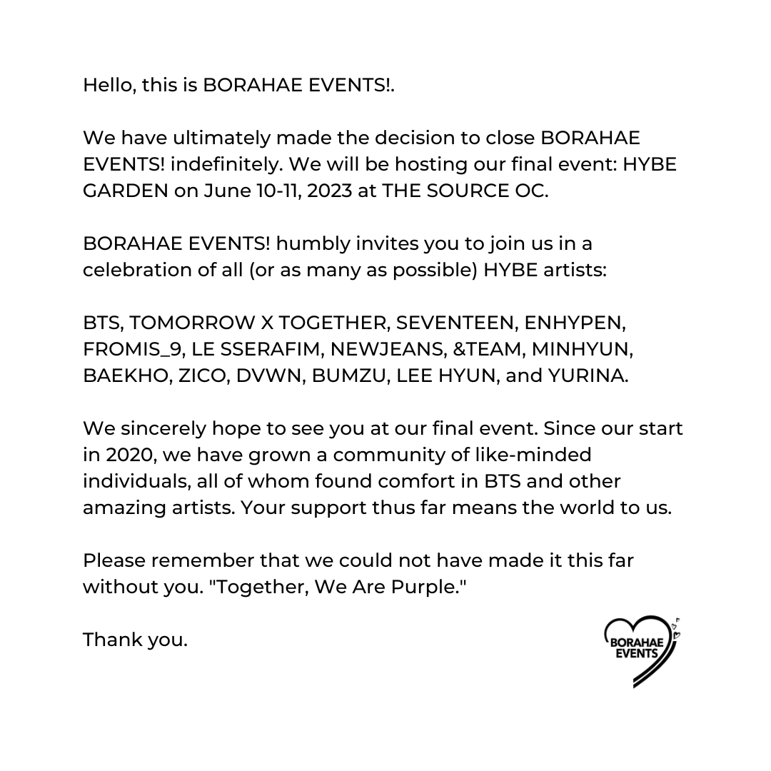 BorahaeEvents's tweet photo. It’s true, BORAHAE EVENTS! will be coming to a close after our final event: HYBE GARDEN. 💐 We would have not made it this far if it wasn’t for you and the music that brings us all together 💜 (1/2) https://t.co/paE7cMMrZ7