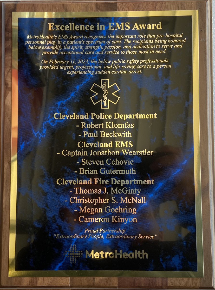 ClevelandEMS's tweet photo. Congratulations to Captain Wearstler, Paramedic Cehovic and Paramedic Gutermuth who were recognized along with members of @CLEpolice and @ClevelandFire by @metrohealthCLE for Excellence in EMS. https://t.co/rarLgJWA7D