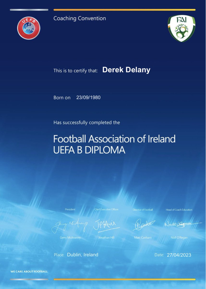 Delighted to get this over the line, long year of learning &amp; growth but really enjoyable.  Many thanks to the Tutors for their patience &amp; guidance <a href="/pmlegend57/">Paul Martyn</a> <a href="/jayglynn2167/">JJ Glynn</a> <a href="/NiallORegan29/">Niall O Regan</a> <a href="/richie_fitz1/">Richard Fitzgibbon</a> <a href="/darrenmcgarry96/">Darren Mc Garry</a> ⚽️⚽️