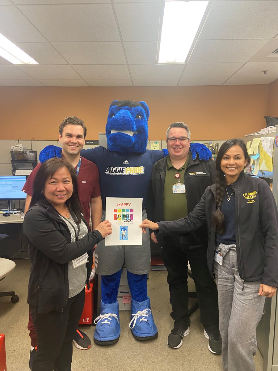 UCDavisHealth's tweet photo. .@ucdavis mascot #Gunrock paid a visit to celebrate our amazing lab workers this #LabWeek! https://t.co/f8Z4z3MDRh