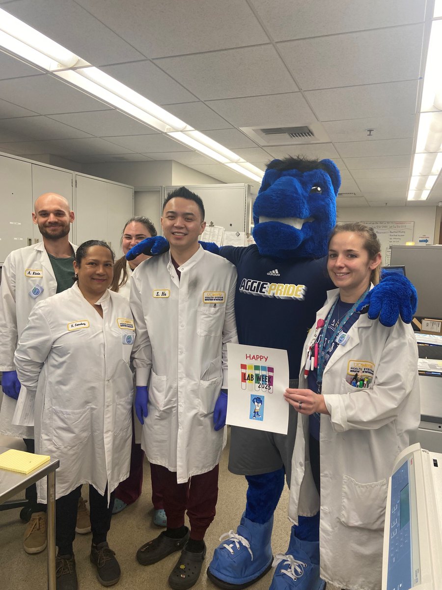 UCDavisHealth's tweet photo. .@ucdavis mascot #Gunrock paid a visit to celebrate our amazing lab workers this #LabWeek! https://t.co/f8Z4z3MDRh